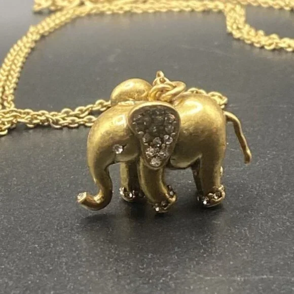 Signed J.Crew  Necklace Gold-Tone Rhinestone Elephant Trunk Up Pendant 28 +3" - Picture 8 of 13